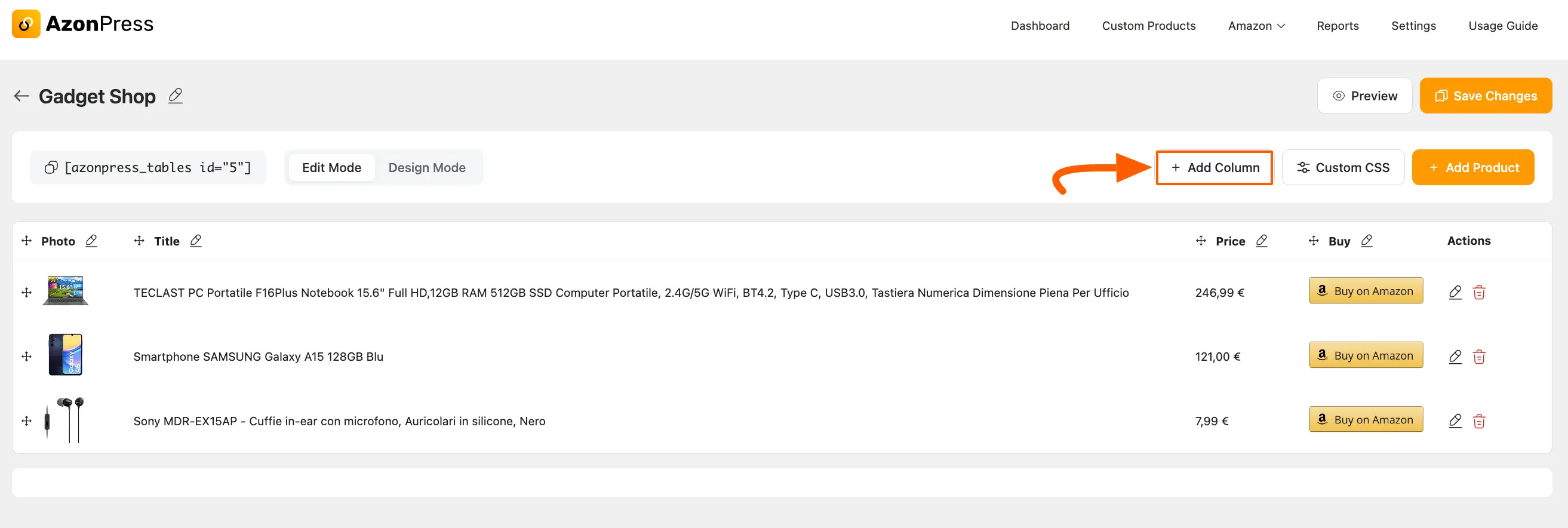 Add column button