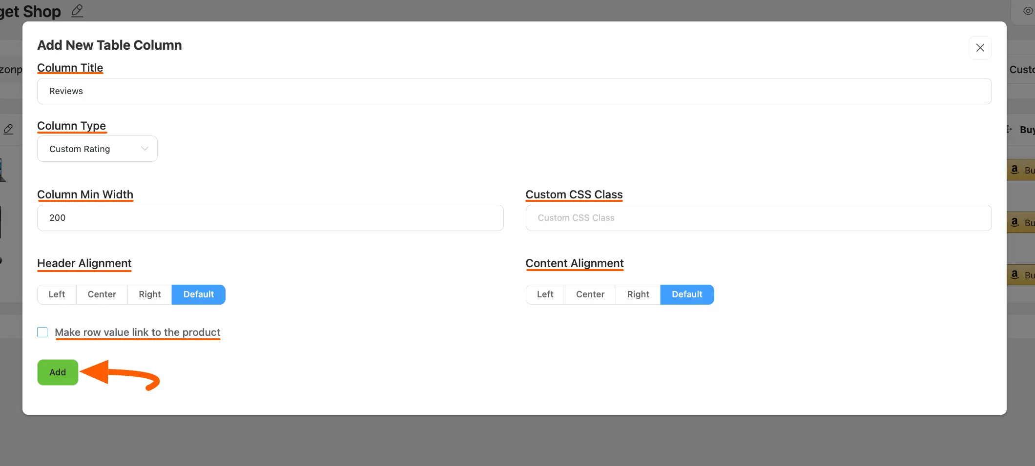 Add new table column popup page
