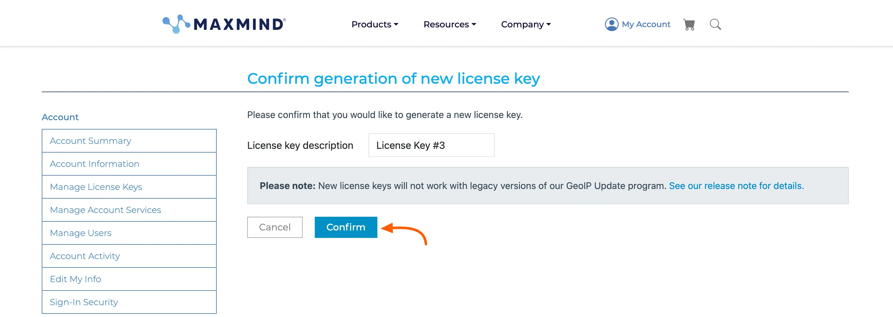 Confirm generation of new license key in MaxMind