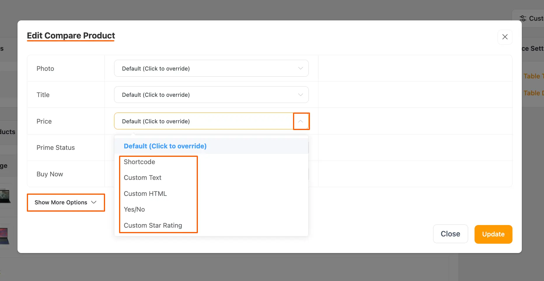 Edit Compare Product popup page