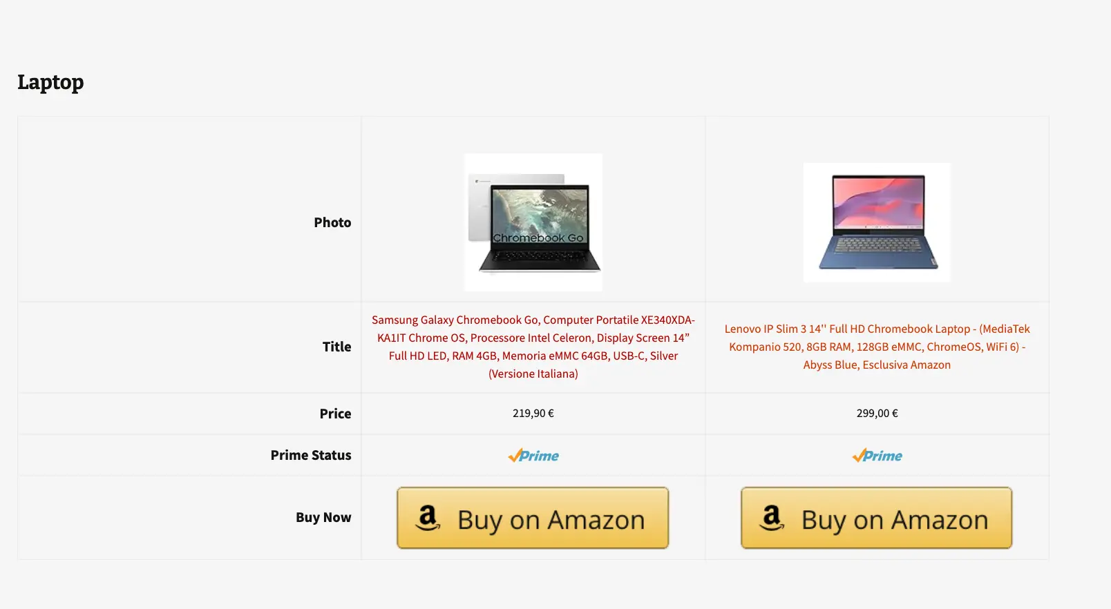 Preview of Comparison table